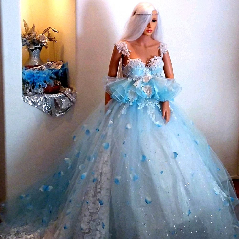"SERENITY" Blue & White Boho Babydoll Ballgown Set